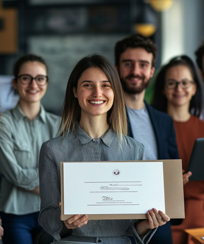 Mujer sonriendo sosteniendo un diploma, con un grupo de personas de pie detrás.